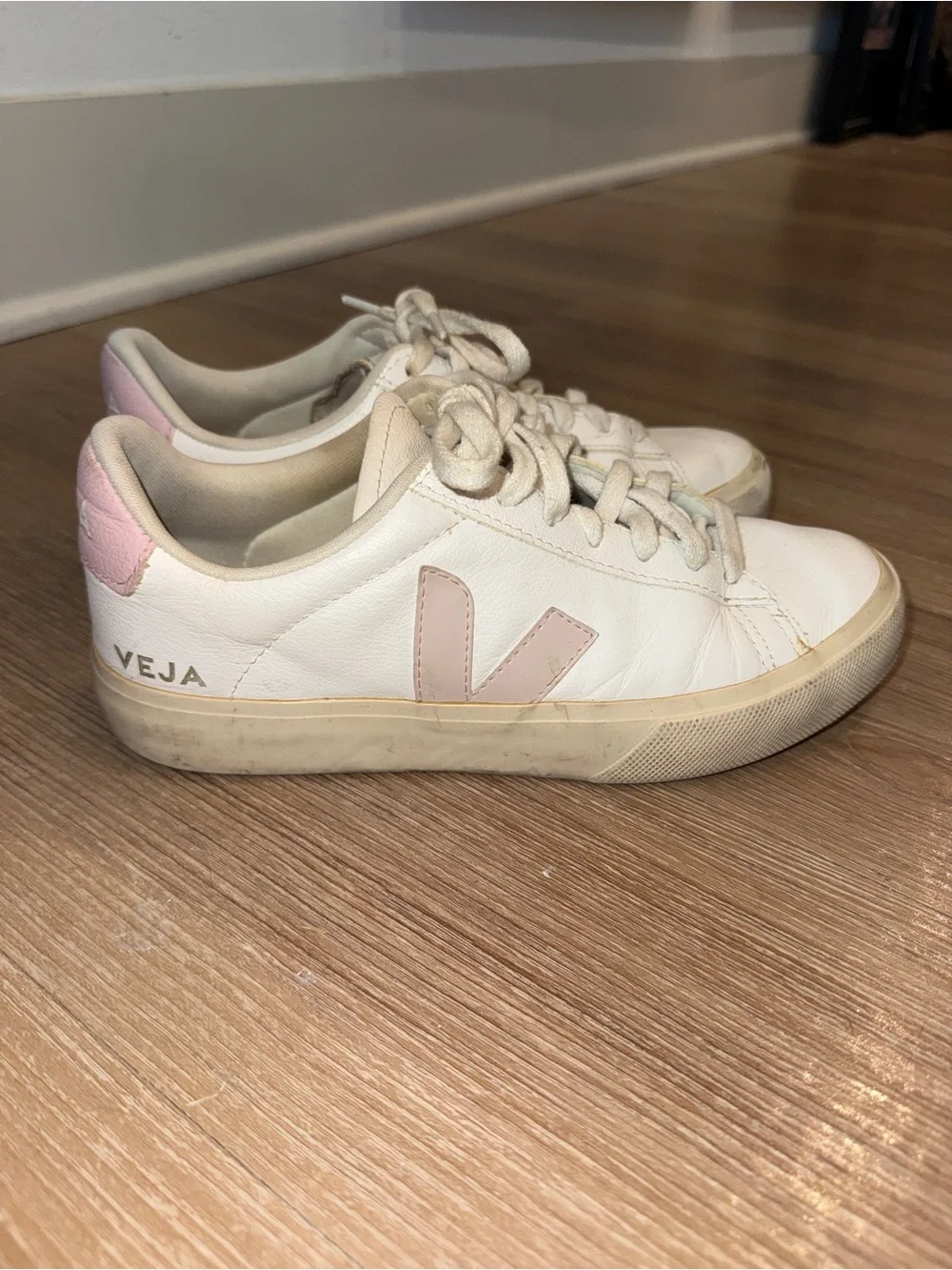 Veja Women's White Leather Sneakers with Pale Pink Accents